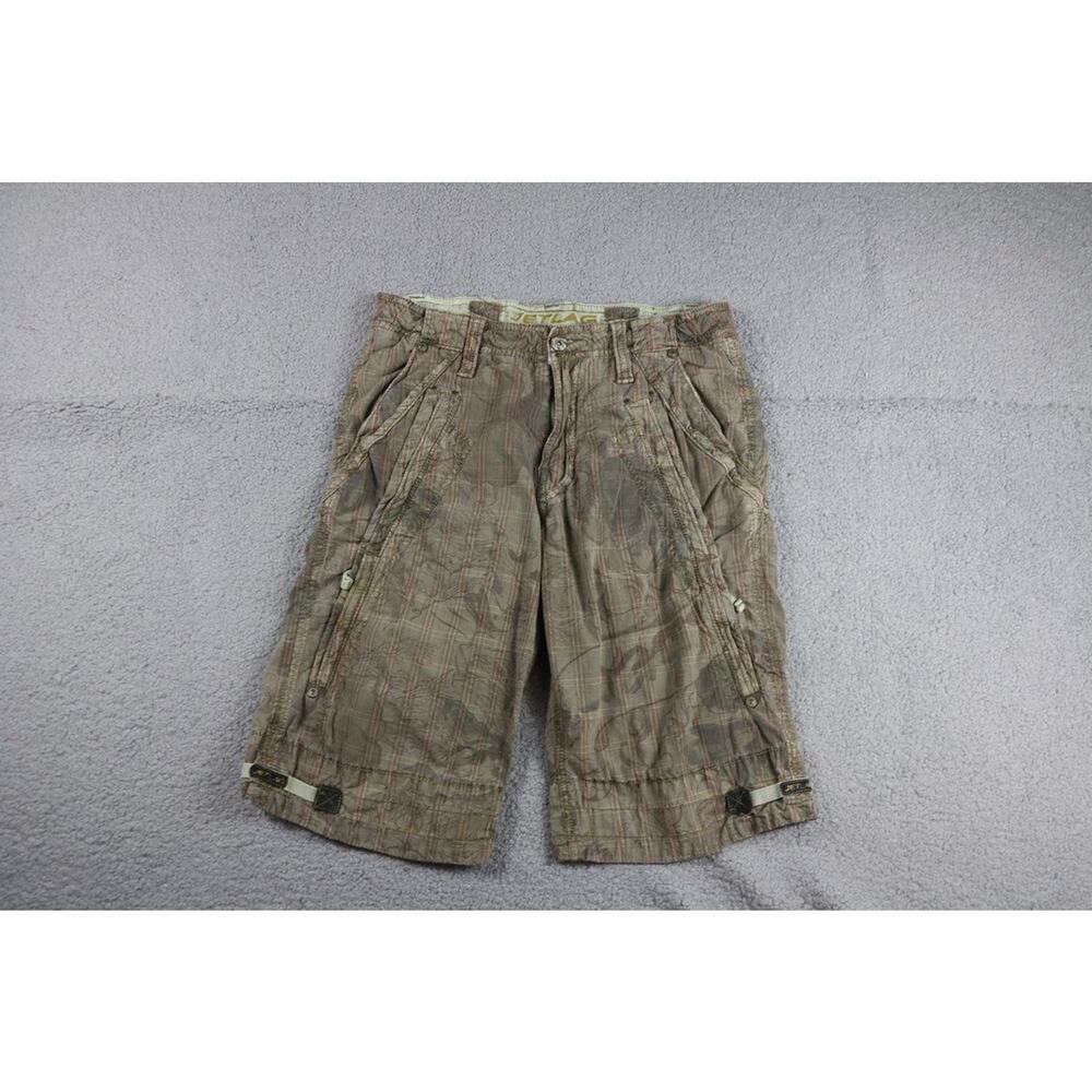 Vintage Jet Lag Cargo Shorts 33 Green Hawaiian Floral Plaid Double Front Pockets